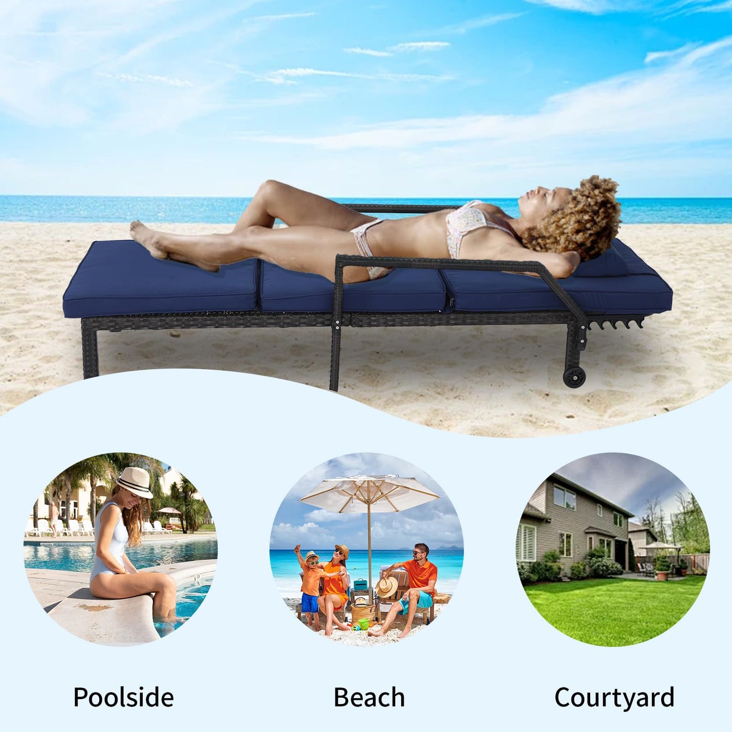 AstrPthylx Patio Chaise Lounge Set – Adjustable Outdoor Lounge Chairs with Cushions & Headrest – All-Weather Rattan Reclining Lounge Chairs for Poolside, Garden, and Patio (2 Pcs, Blue)