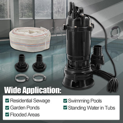 Dewinston 2HP 220V Submersible Sump Pump, 6498GPH Cast Iron Sewage/Effluent Pump 1500w with Automatic Float Switch and 66ft Hose for Sump Basin, Basement, Residential Sewage, 2'' NPT Discharge