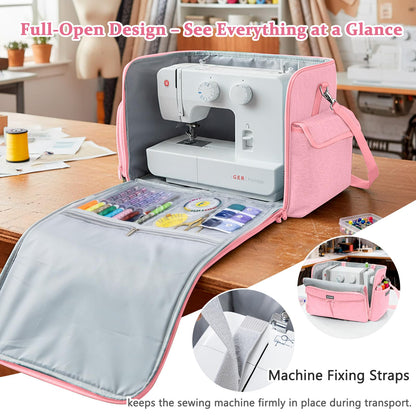 AMOIGEE Full-Open Sewing Machine Case with Wheels, Large Rolling Sewing Machine Bag with Detachable Foldable Dolly, Heavy-Duty Embroidery Tote for Brother Singer Janome Standard Machines Storage
