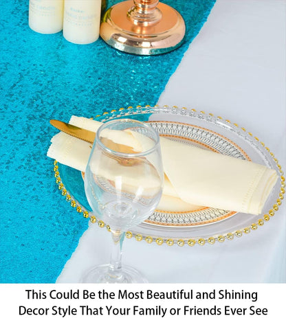 ShinyBeauty Turquoise Sequin Table Runner 12x108-Inch Aqua Party Runner for 30th Birthday Decorations