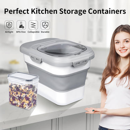Komzon Rice Storage Container, Collapsible Airtight Food Storage Containers 6-20 Lbs, Rice Dispenser with Measuring Cup and Small Bin for Flour Cereal Pasta Grain, Cat Pet Dog Bird Food Container