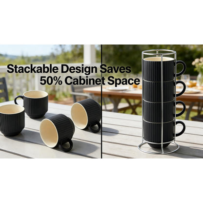 HASENSE Coffee Mug Ceramic Set of 4 with Stand, Stackable Large Latte Cups with Metal Stand, Dishwasher & Microwave Safe, Black for Cappuccino Tea Hot Cocoa