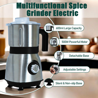 Grinder for Kitchen, Spice Grinder Electric Dry Comes With 3 Removable Stainless Steel Blades, 500w Suitable For Grinding Spices, Herbs, Coffee Beans, Grains, Nuts (Black)