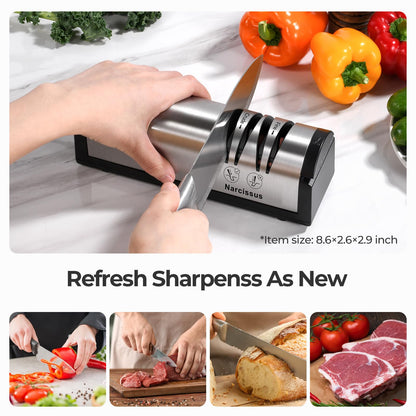 Narcissus Knife Sharpener, Professional 2 Stage Electric Knife Sharpener for Quick Sharpening & Polishing, with Scissors Sharpener and Metal Dust Collection Box, Stainless Steel, Silver
