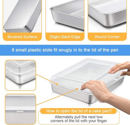 E-far Stainless Steel Baking Pan Set - 12⅓ x 9¾ Inch Rectangle Bakeware with Lids | Non-Toxic, Heavy Duty & Dishwasher Safe