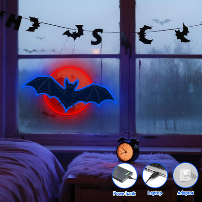 ADKALIV Bat Moon Halloween Window Lights Neon Signs for Indoor Wall Decor, Halloween LED Neon Light Decoration Sign for Party Doors Window (Moon Bat)