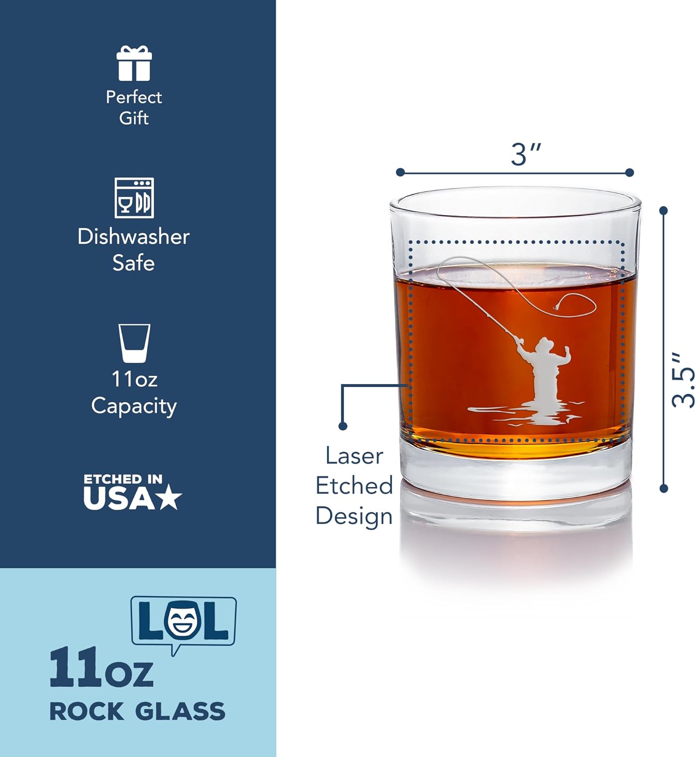 Fly Fisherman Round Rocks Glass, Fisherman Gift Fishing Glass