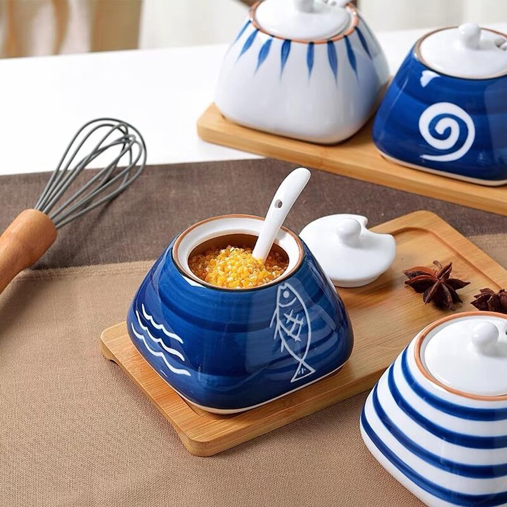 Cute Hand-painted Sugar Bowl, Ceramic Condiment Pot for Kitchen Decor, Fish Pattern, 300ml