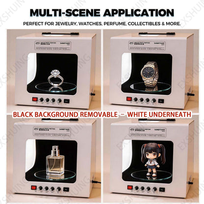 EXSHUING Jewelry Photography Light Box with Turntable, Dimmable Led Photo Tent – 360° Auto-Rotation, 1kg/2.2lbs Load, Hanging Bracket Included, 3000-5500k, CRI>92%, for Stunning Gemstone & Gold(TB30)