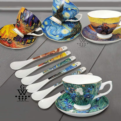 YBK Tech Bone China Cup and Saucer Set - 7oz Tea Cup Inspired by Van Gogh's Paintings (Iris Flower Design)