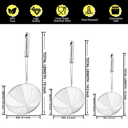 Anaeat Stainless Steel Spider Skimmer, Set of 3 Professional Kitchen Pasta Strainer Spoon with Long Handle - Asian Strainer Ladle Wire Skimmer Spoons for Cooking and Frying (4.5"+5.3"+6.1")