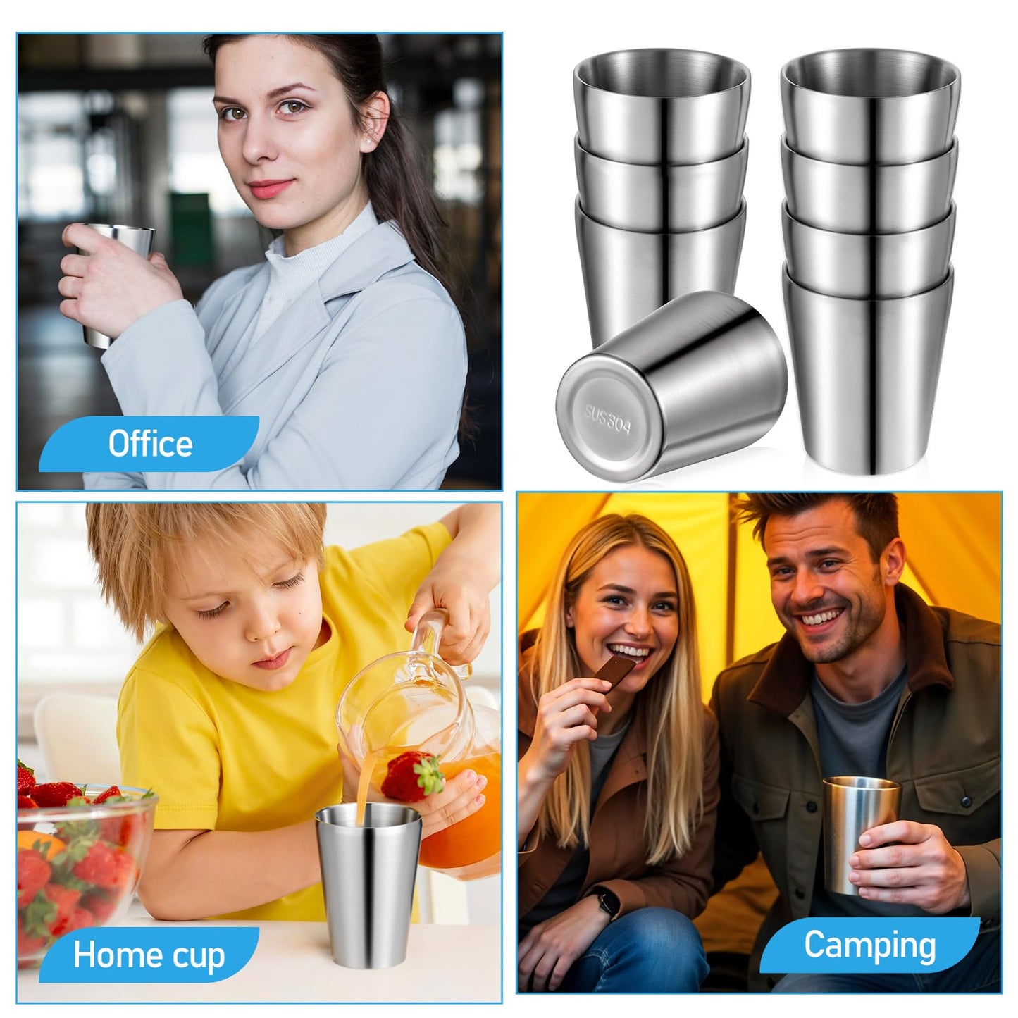 Oqqlin 8 Pcs 10 Oz Stainless Steel Cups, Metal Double Wall Vacuum Tumbler Silver Stackable Unbreakable Drinking Glasses for Party, Camping, Home, BBQ