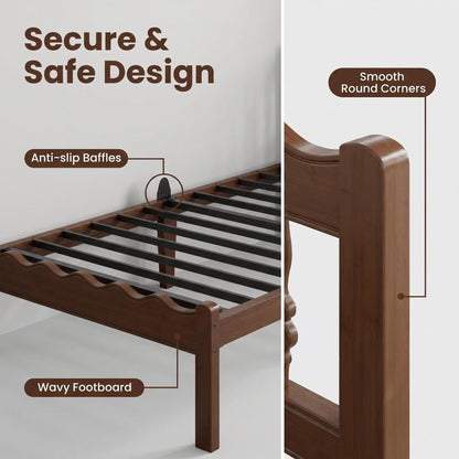 Bednowitz 14 Inch Twin Bamboo Bed Frame with Mid-Century Wavy Headboard, Heavy Duty Solid Wood Platform Bed with Metal Slats, Noise-Free, Easy Assembly, Walnut Finish