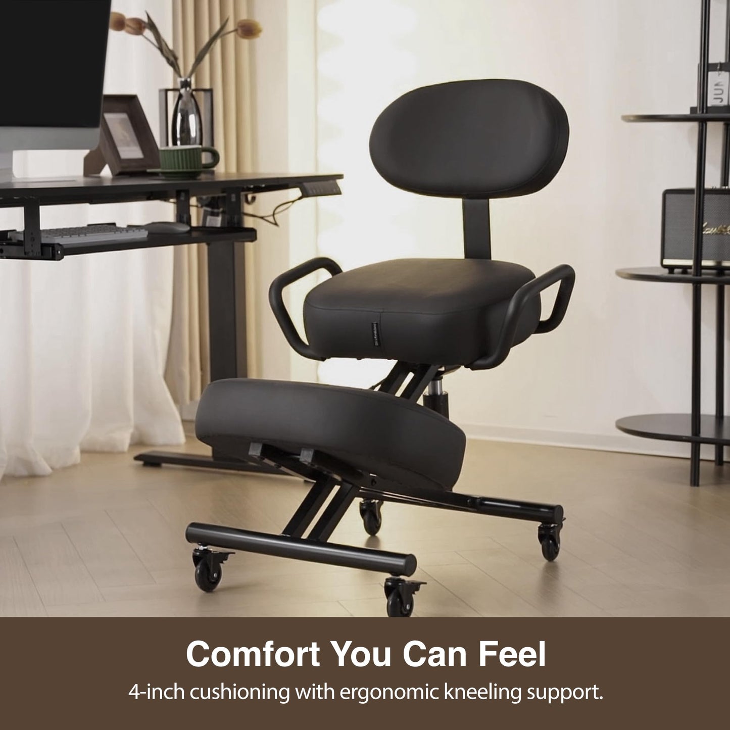 DR.LOMILOMI Ergonomic Kneeling Chair with Backrest, Improve Posture, Thick Cushions, Locking Wheels for Home & Office, AKONI 512B (Black)