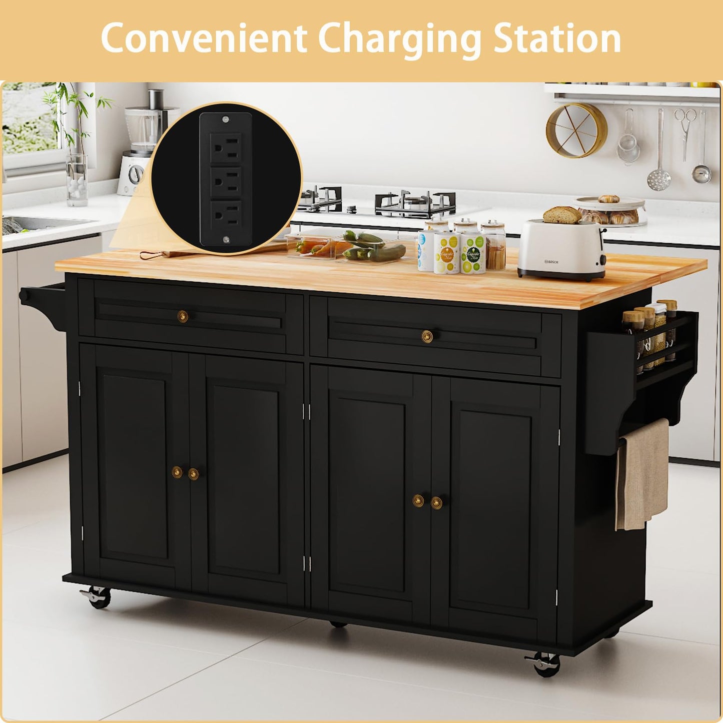JassmiPkwy 67’’ Movable Kitchen Island with Drop Leaf and Power Outlet, Lockable Sliding Countertop Rolling Island Cart with 2 Large Drawers, Spice, Towel Rack,Black