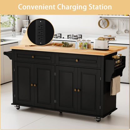 JassmiPkwy 67’’ Movable Kitchen Island with Drop Leaf and Power Outlet, Lockable Sliding Countertop Rolling Island Cart with 2 Large Drawers, Spice, Towel Rack,Black