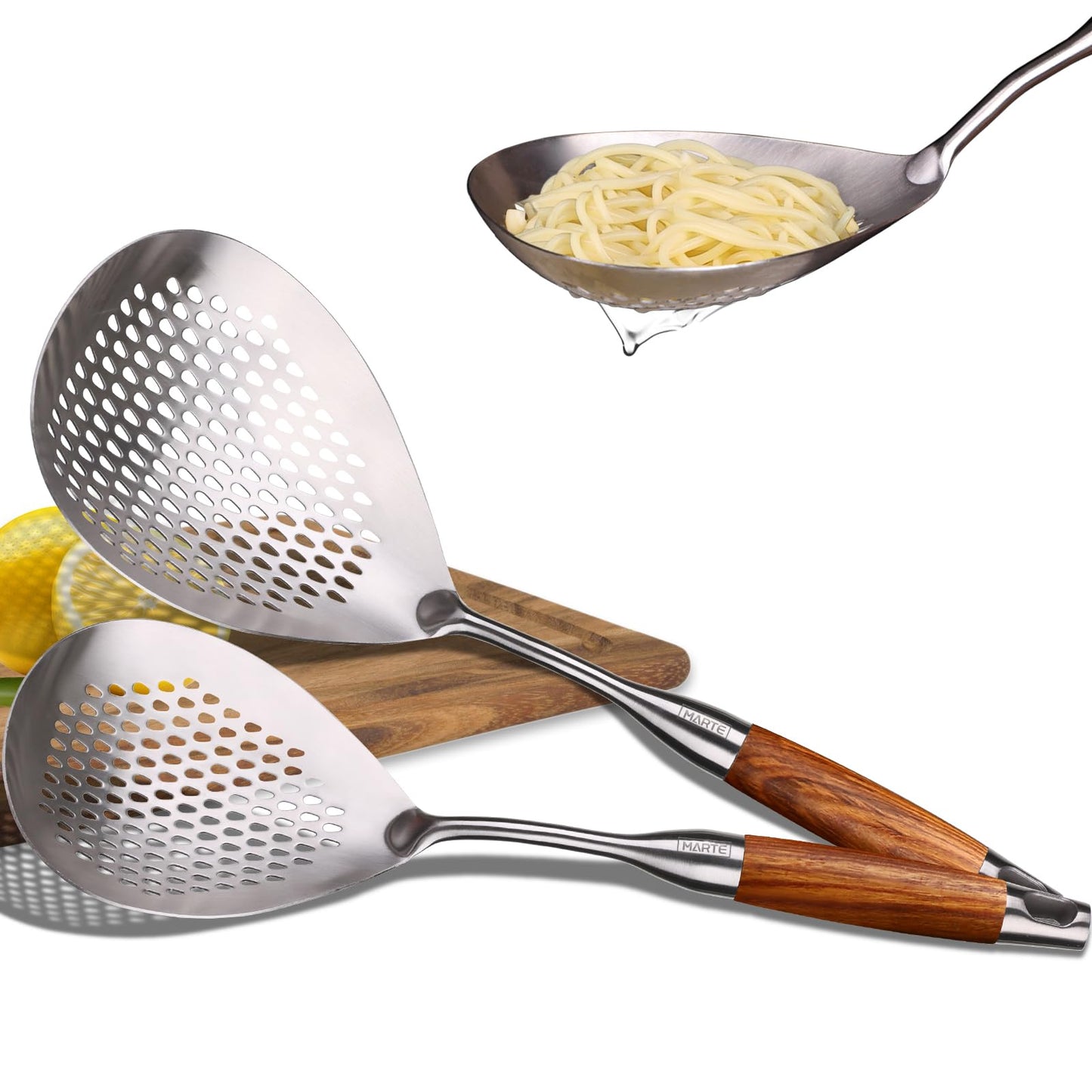 MARTE Skimmer Slotted Spoon,304 Stainless Steel Pasta Spider Strainer Ladle for Frying and Cooking,Kitchen Colanders & Food Strainers Set of 2，Slotted Spoon with Heat-Resistant Solid Wood Handle