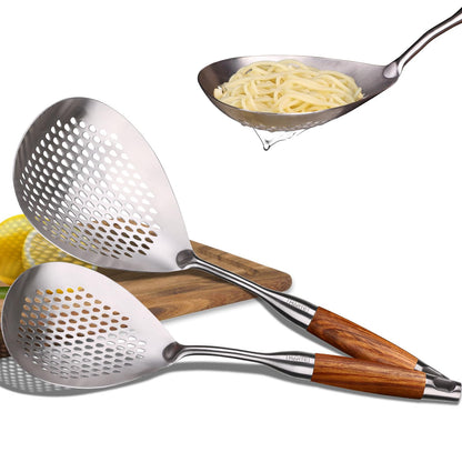 MARTE Skimmer Slotted Spoon,304 Stainless Steel Pasta Spider Strainer Ladle for Frying and Cooking,Kitchen Colanders & Food Strainers Set of 2，Slotted Spoon with Heat-Resistant Solid Wood Handle