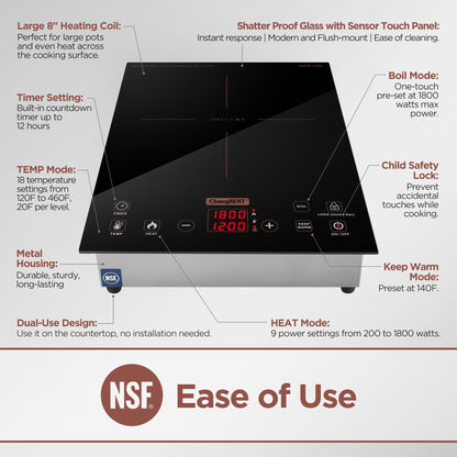 ChangBERT Built-in & Countertop Induction Cooktop, NSF-Certified Commercial Grade Single Induction Burner, Large 8” Heating Coil, Low Noise, Precise Temperature Control for Apartments RVs Food Station