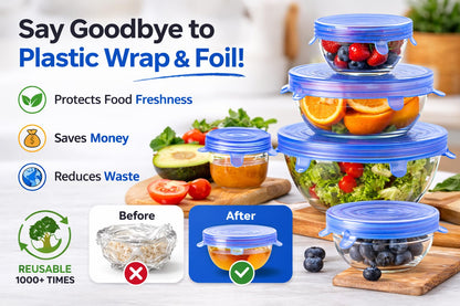 IZEM Premium Reusable Silicone Stretch Lids Set – 12 Pack (6 Round Blue + 6 Rectangle White) BPA-Free, Airtight & Leakproof Bowl Covers + 500ml Silicone Bag, Funnel & Brush