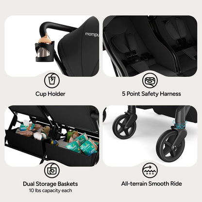 Mompush Lithe Double Stroller for Infant and Toddler, Lightweight Side by Side Twin Stroller, Only 25 lbs, 30-Inch Slim Fit Through Doorways, One-Step Fold, Independent Recline, UPF 50+ Canopy