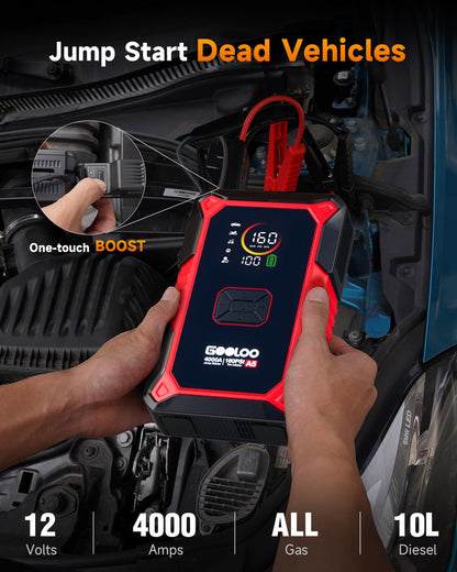 GOOLOO A5 Jump Starter with Air Compressor, 4000A Car Battery Jump Starter (All Gas/10.0L Diesel) with 160PSI Tire Inflator Auto-Off, 45W PD Fast Charging, 12V Jump Box Car Jumper Starter Portable