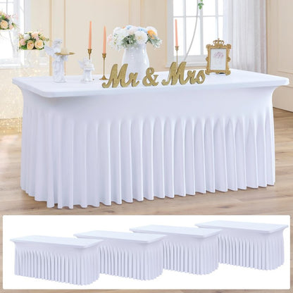 NSSONBEN 4 Pack White Spandex Tablecloth 6ft, Wrinkle Free High Stretch Fitted Tablecloths for 6 Foot Rectangle Tables, Elastic Spandex Table Covers 6ft with Pleats Skirt for Party Wedding Banquet