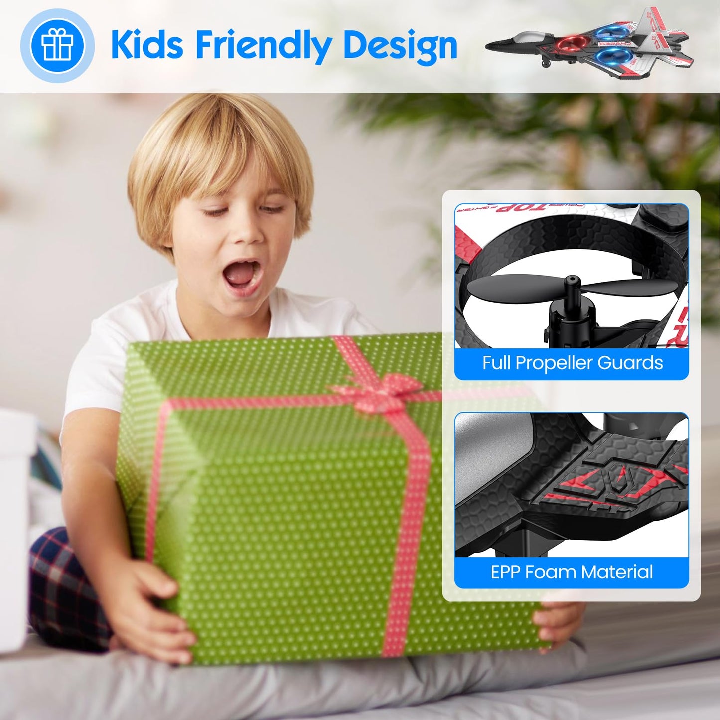 Sucpeii RC Plane, Foam Remote Control Airplane, Drone for Kids, RC Aircraft for Boys and Girls, Fighter Jet Helicopter with LED Lights, Altitude Hold, 360° Flip Stunt Rotation, Speed Adjust Flying Toy