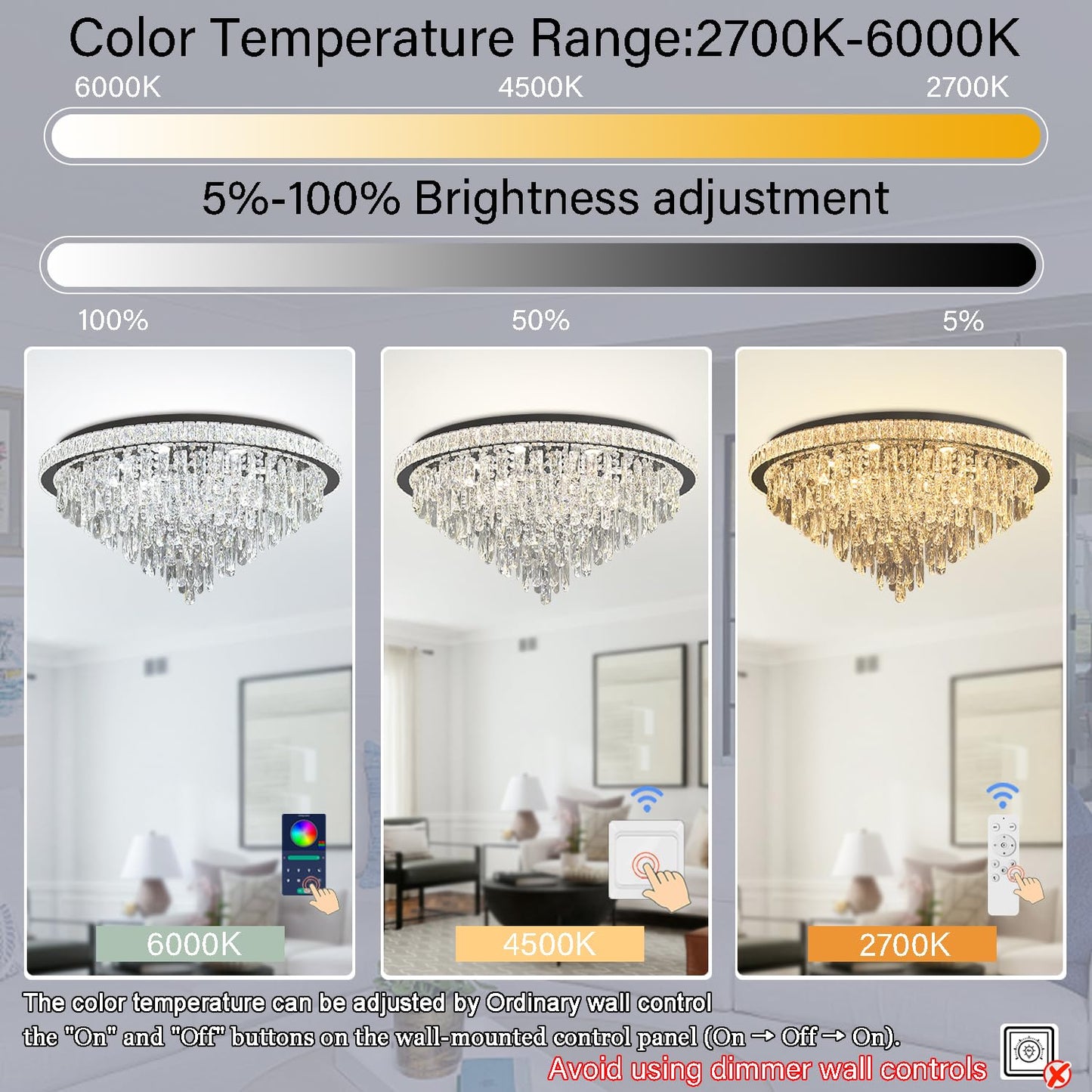 Dia 32" Modern Crystal Chandeliers LED Dimmable Living Room Chandelier Black Pendant Lighting Crystal Ceiling Light Fixture for Entrance Bedroom Hallway Foyer