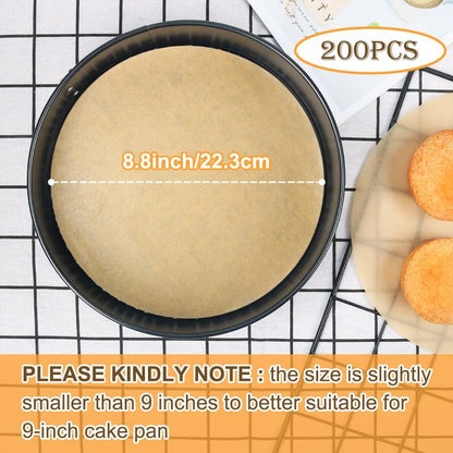 BYKITCHEN Parchment Paper Rounds, Set of 200 Non Stick 9 Inch Pre-Cut Baking Liners for Round Cake Pan