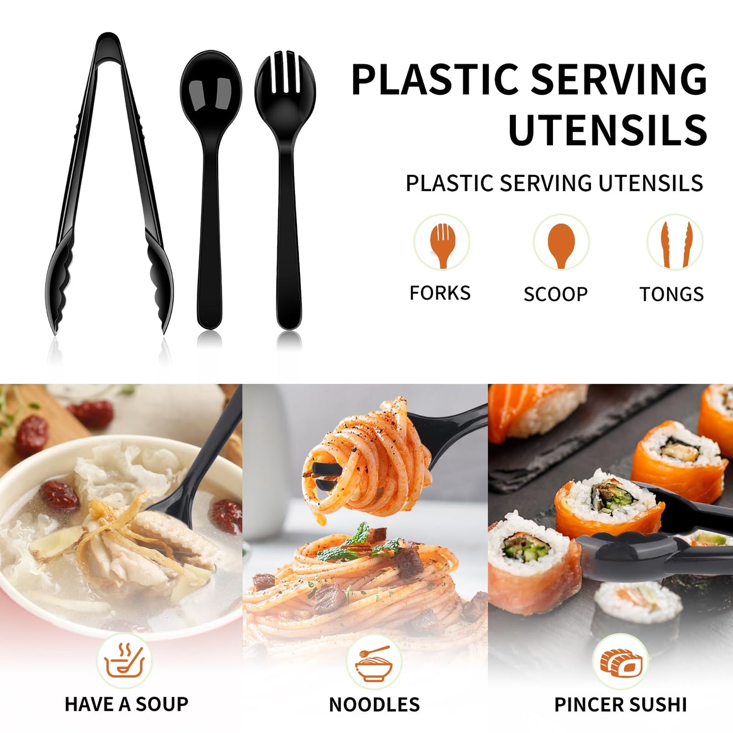 36 PCS Disposable Serving Utensils for Party - 12 Set Including Black Plastic Spoons, Tongs and Forks