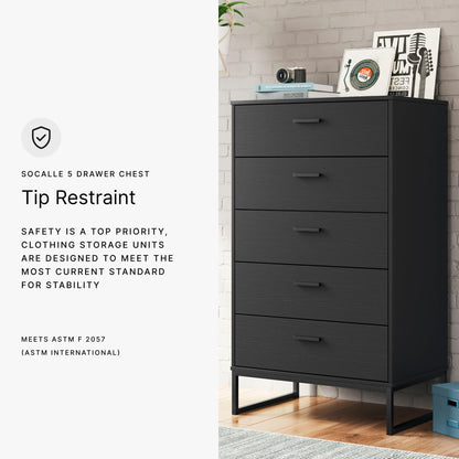 Signature Design by Ashley Socalle Casual Contemporary Chest of Drawers with Dark Pewter Hardware and Metal Legs, 5 Drawers, Wood, 50.67" High, Matte Black