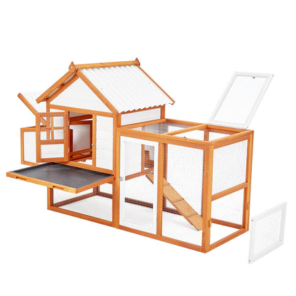 Chicken Coop with Nesting Box and Run, Wooden Outdoor Hen House, Chicken House with Ramp, 5 Access Doors, Removable Tray and Galvanized Wire for Backyard Poultry, Rabbit Hutch