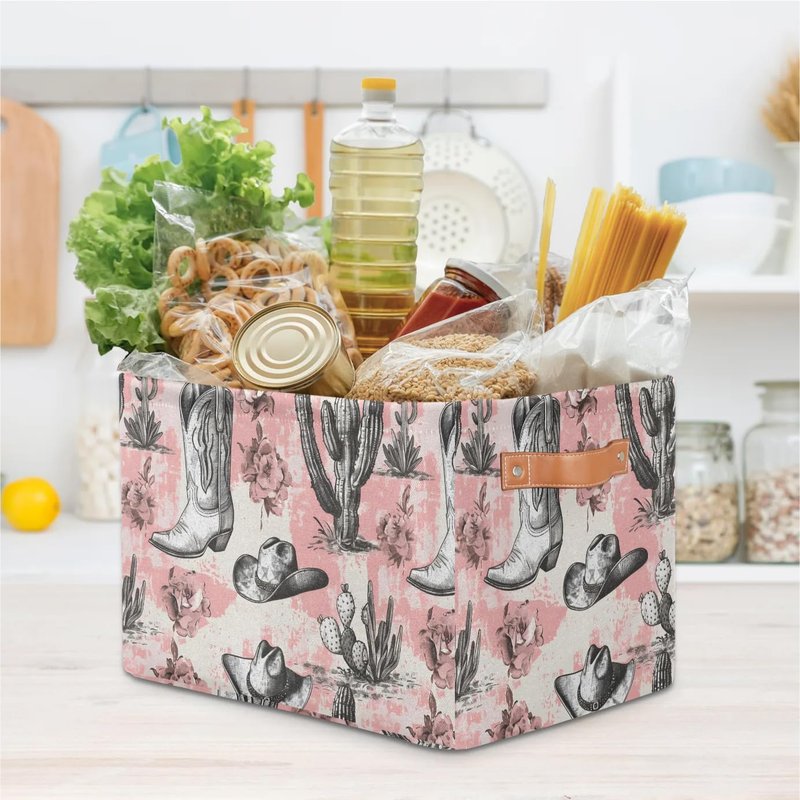 OMFUNS Western Cowboy Rectangle Storage Basket Cactus Foldable Storage Bin Cubes with Handles Large Organizer Bins Boxes Toy Closet Shelf Nursery Laundry Basket, 1 Pcs