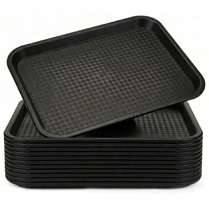 Yarlung 12 Pack Fast Food Tray, 13.7 x 10.5 Inch Plastic Restaurant Serving Tray Cafeteria Trays for Coffee Table, Kitchen, Party, Black