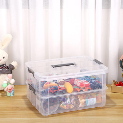 JUXYES 2-Tiers Stack Carry Storage Box With Handle, Transparent Stackable Storage Bin With Handle Lid Latching Storage Container for School & Office Supplies