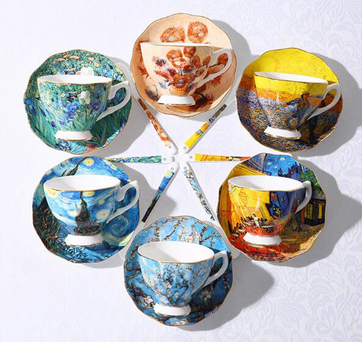 YBK Tech Bone China Cup and Saucer Set - 7oz Tea Cup Inspired by Van Gogh's Paintings (Iris Flower Design)