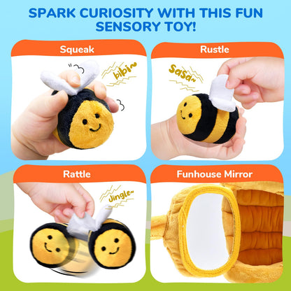 JoyCat Mystery Soft Box+Soft Baby Beehive with 5 Soft Sensory Bees - Honeybee Plush Toy for 0-12 Months - Rattle, Crinkle Paper, Squeaker, Mirror, Busy Toy for Babies 6-12 Months, 0-3 Years Old