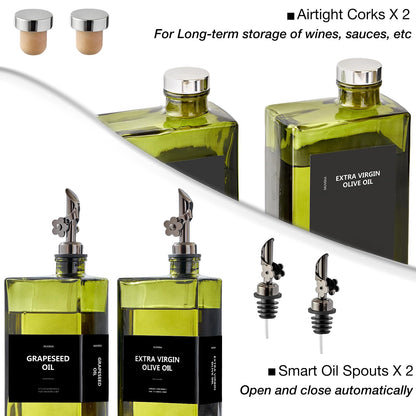 MUVEKA Olive Oil Dispenser Bottle for Kitchen, 16.9oz /500ml Cooking Vinegar Dispenser Bottle Set, Glass Sauce Container, Labels, Brush, Funnel, Stoppers, Green for Oil, Wine