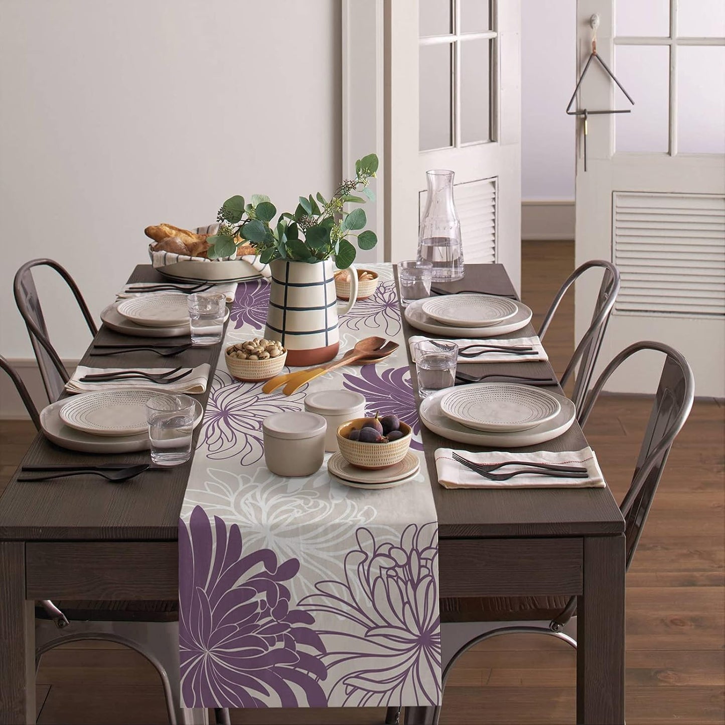 Table Runner, Chrysanthemum Flower Purple White Dresser Scarves for Holiday Dinner Parties, 13x120inch