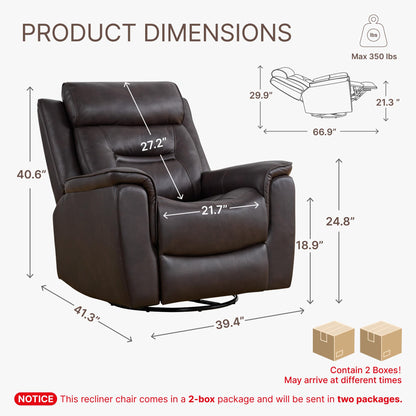 KISLOT Leather Recliner Chair, 360° Swivel Rocker for Adults Manual Rocking Reclining Chair with Adjustable Backrest Footrest for Living Room Bedroom Home Theater Seating