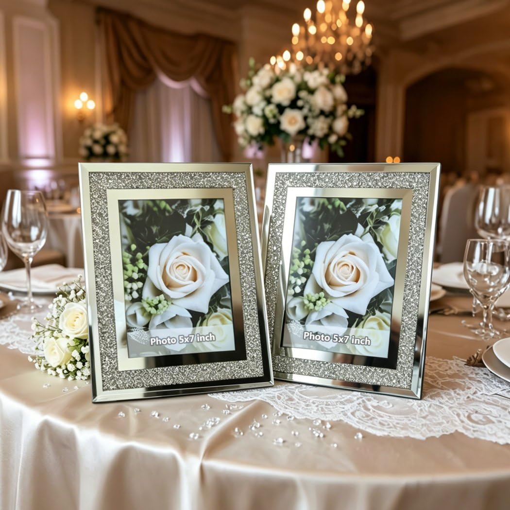 ALLARTONLY Crush Diamond Mirror Photo Frame In Bling Sparkle Crystal Silver Glass Finish, For Picture Size 5x7 inch, Pack of 2 Piece, table top Stand frame & Wall Frame