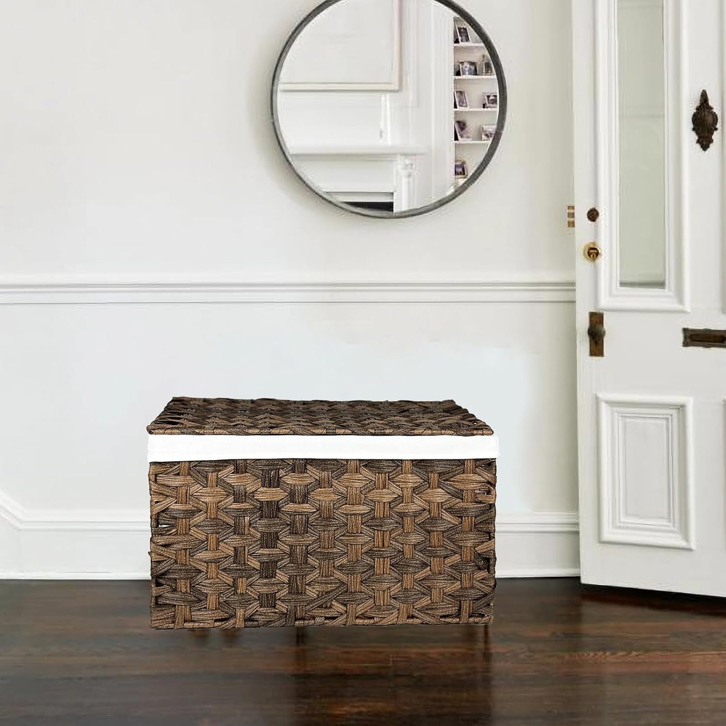 Storage Basket with Lid, 17.2 Gallon Wicker Storage Trunk with Handles, Handwoven Basket for Living Room