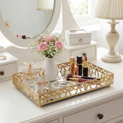 Zhehao Gold Vanity Tray with Mirror Bottom Decorative Bowknot Jewelry Organizer Tray 11.8x7.9 Inch Metal Vanity Organizer for Perfume Makeup Dresser Bathroom Countertop, Women Mom Gift
