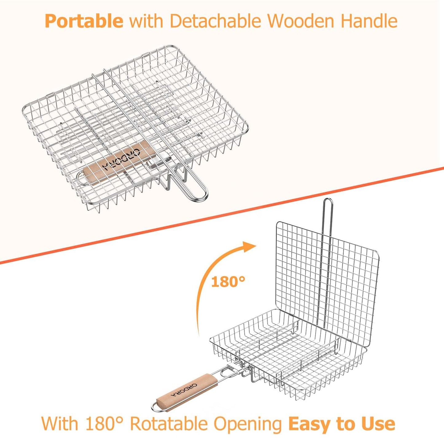 ORDORA Grill Basket, Fish Griling Rack, Rustproof Stainless Steel BBQ Grilling Basket for Meat,Steak etc, Grill Accessories,Grilling Gifts for Men Dad