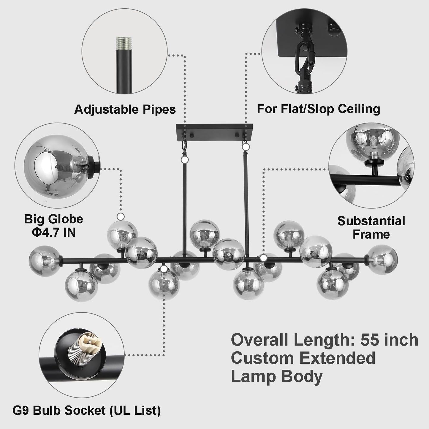 APLampara Mid Century Modern Chandelier 55in Linear Bubble Chandeliers 16-Light Black & Gray Sputnik Pendant Lighting Fixture for Dining Room Kitchen Island