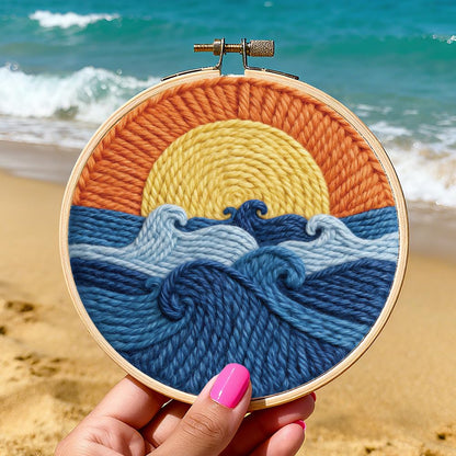 ORIGACH 2 Set Embroidery Punch Needle Kit for Adults Beginners DIY Kanagawa Wave Punch Stitching Kit for Art Crafts & Home Decor Easy Needle Punching Project with 7.9inch Hoop, Patterns, Yarns, Tools