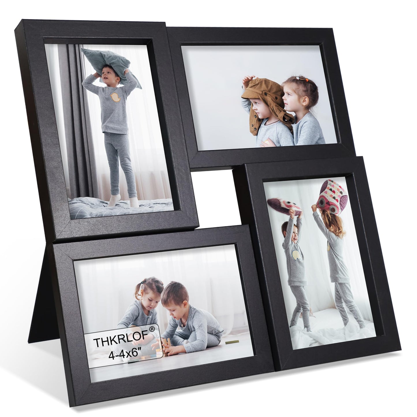 THKRLOF 4x6 Picture Frames Collage 1 Pack, 4 Opening Multi Family Photo Collage Frames with Real Glass for Wall Hanging or Tabletop, Black