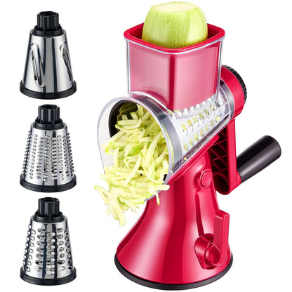 KYZ Rotary Cheese Grater - 12X Faster Hand Crank Vegetable Slicer with 3 Premium Stainless Steel Blades, Strong Suction Base, Dishwasher Safe Food Shredder for Cheese, Vegetables, Nuts, Chocolate