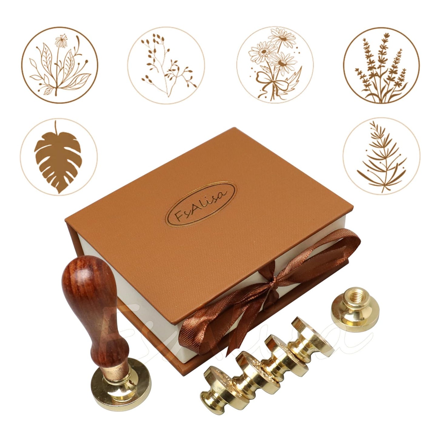 fsalisa 6 Pcs Flower Leaf Sealing Wax Stamps Copper Seals + Wooden Hilt, Seal Stamp Kit with Gift Box for Invitations Cards Letters Envelopes Wine Packages (Botanical Set#-2)